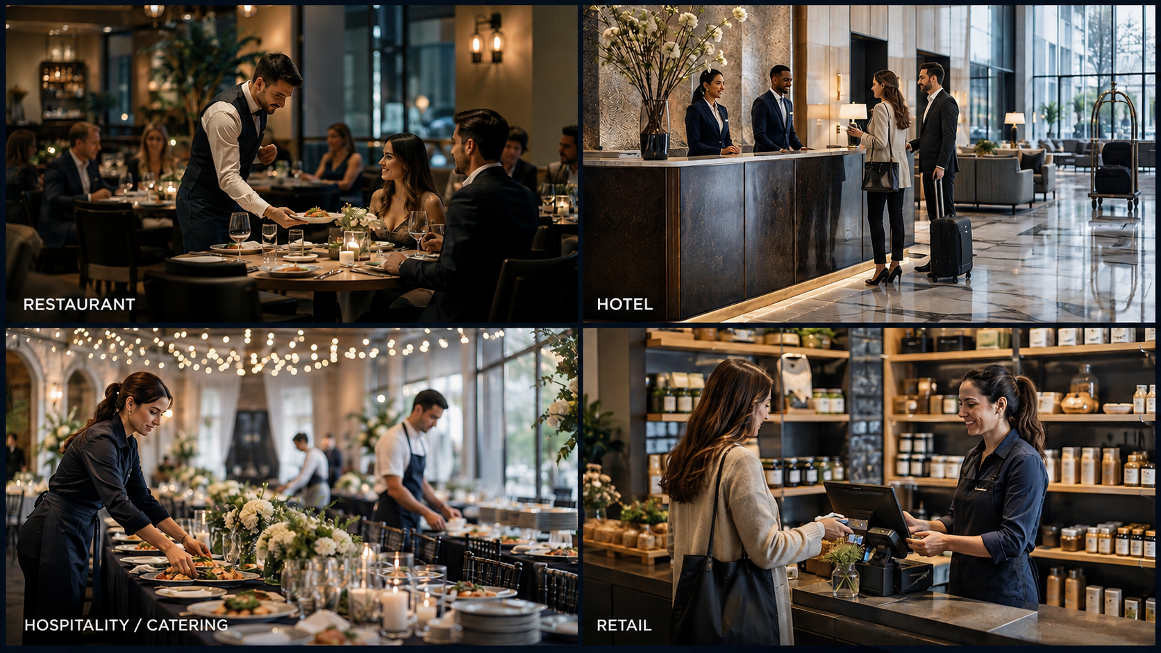 Hotel lobby, professional kitchen and retail counter representing the industries ROI Complete serves